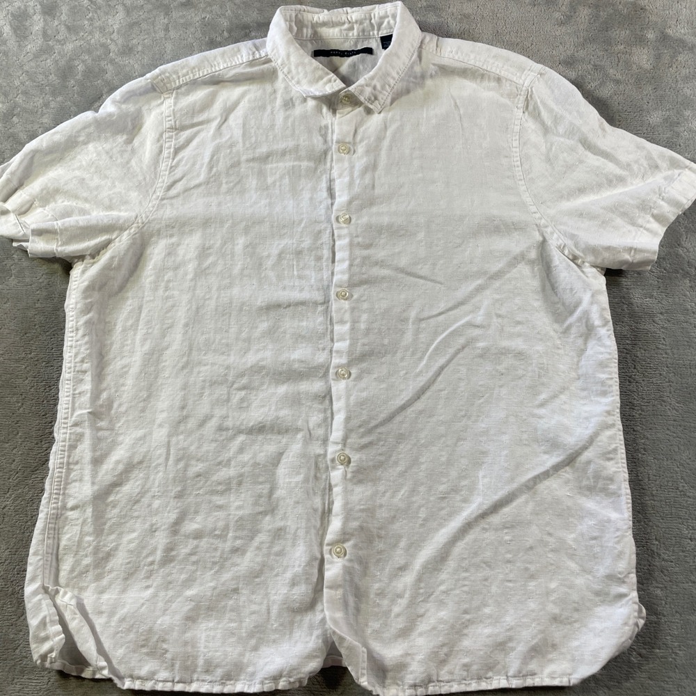 Perry Ellis Shirt Mens XL White Linen Short Sleeve Resort‎ Vacation Beach Preppy